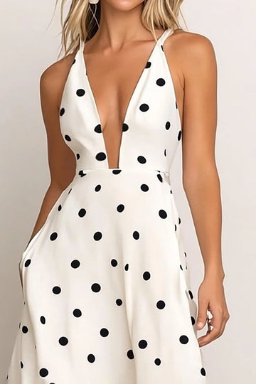 White V-Neck A Line Satin Formal Dress with Black Dots